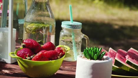 picnic table with juicy fruits and delicious lemonade