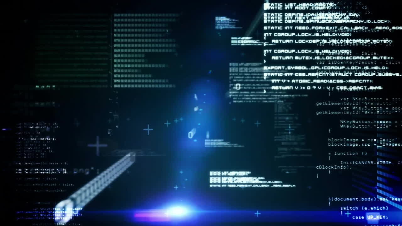 Computer code and data processing animation over digital interface background
