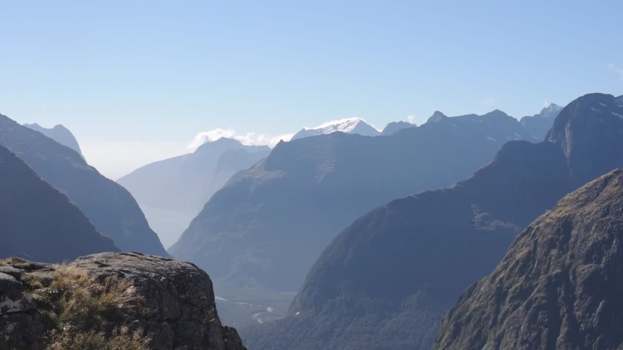 Panoramic view from Gertrude Saddle over the mountain valley of Milford Sound. Fiordland national park, New Zealand