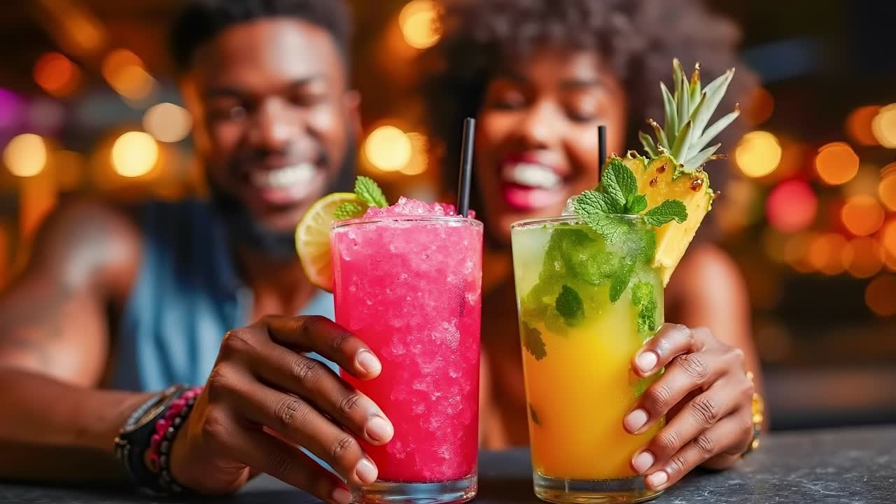 A couple of people holding up drinks at a bar