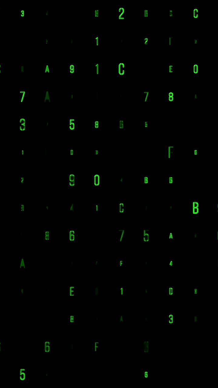 Green characters and numbers appearing and disappearing on digital screen, classic matrix style on black background