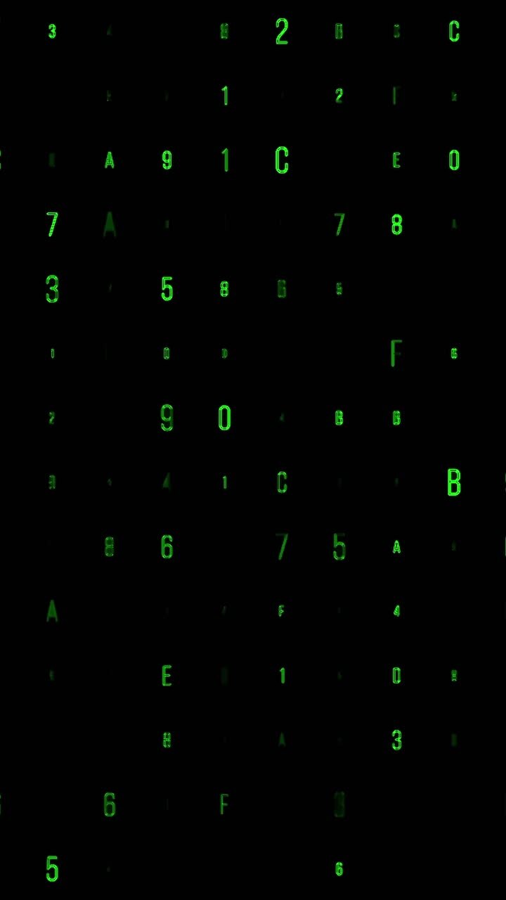 Green characters and numbers appearing and disappearing on digital screen, classic matrix style on black background