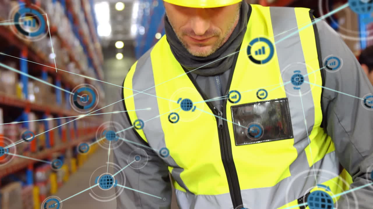 창고에서 일하는 사람에 대한 연결 네트워크의 애니메이션