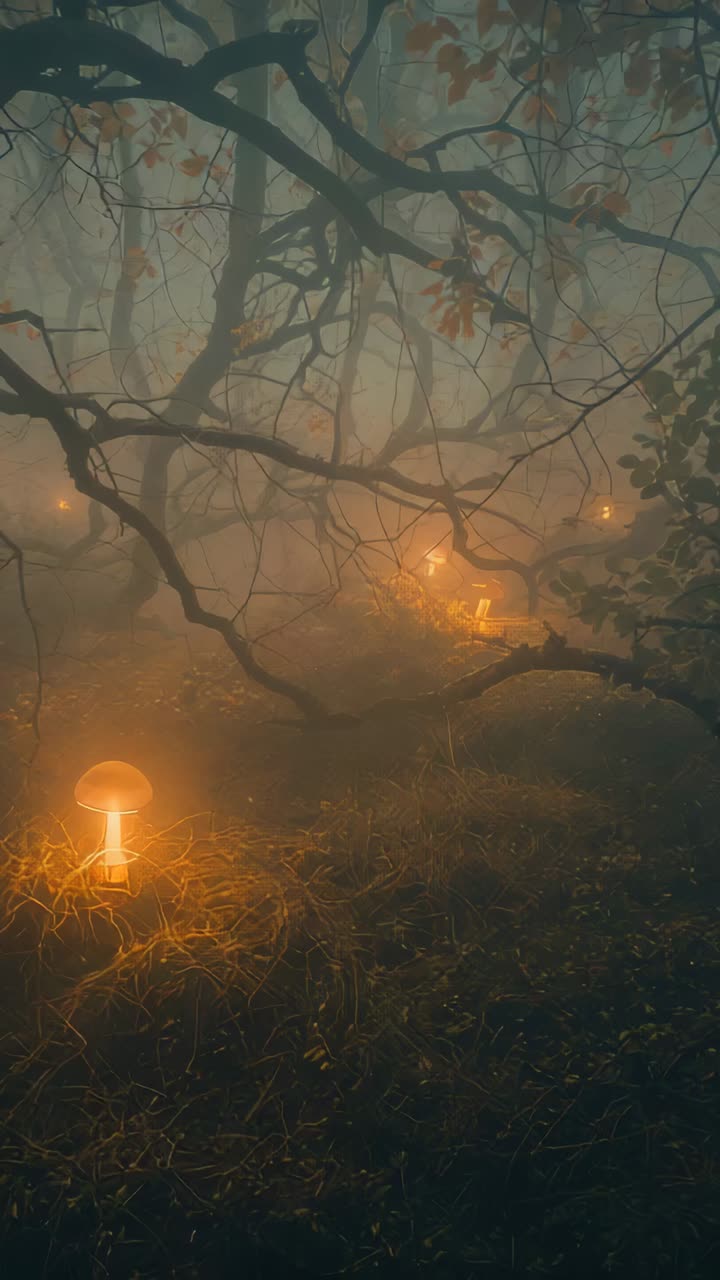 Vídeo vertical: cámara panorámica a través de un bosque crepuscular neblinoso, revelando linternas brillantes con forma de seta
