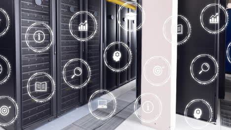 animación de iconos digitales y procesamiento de datos a través de servidores informáticos