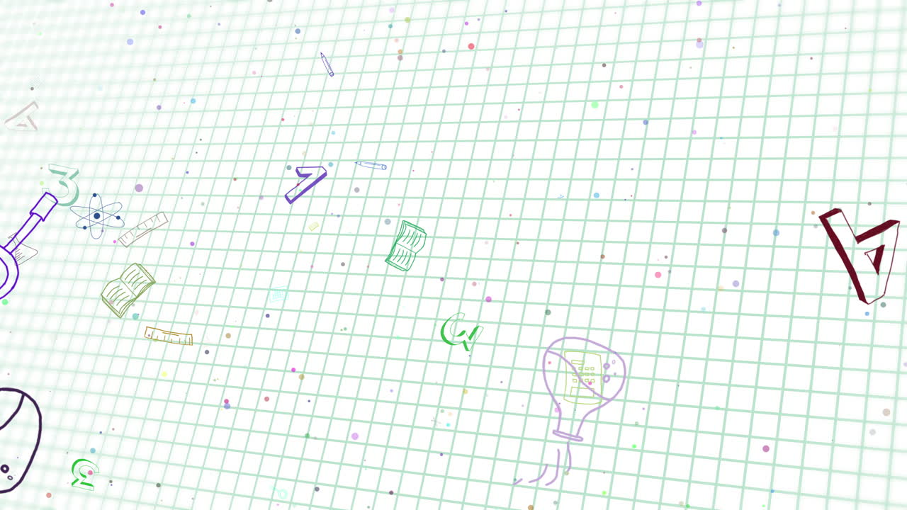 School backgrounds with educational subjects and supplies graphic icon elements on white notebook paper in a cell. Loop animation.