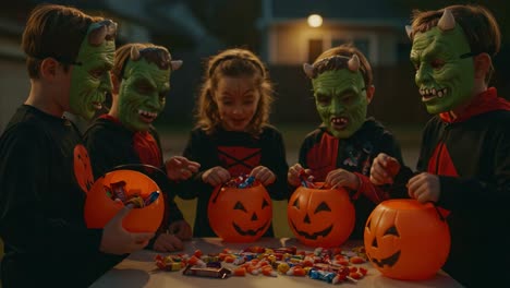 a group of kids in halloween costumes with spooky masks gather around a table, excitedly sorting their candy haul from trick-or-treating adventures