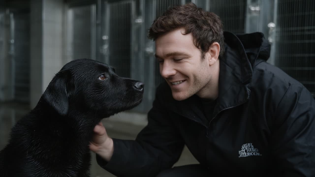 A Heartwarming Connection Between a Man and His Loyal Black Labrador Companion, Showcasing Their Bond in a Shelter Environment
