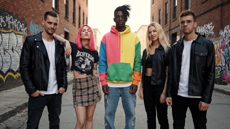Gruppo diversificato di giovani in un vicolo urbano con look street style