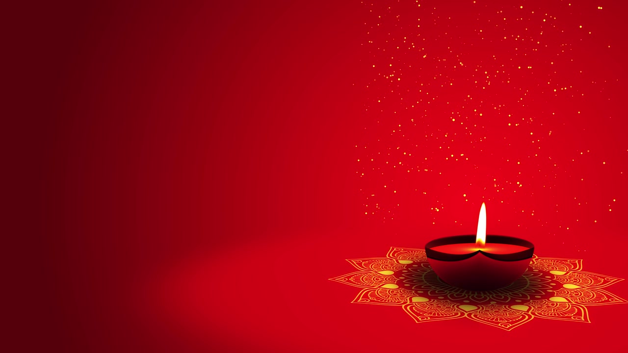 Sfondo del festival Diwali con lampade a olio accese, candele diya, rangoli floreale, biglietto di auguri felice Deepavali.