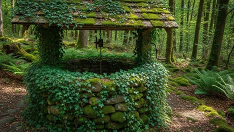 a serene abandoned well nestled among lush greenery and overgrown ivy in a peaceful forest setting, evoking nature's untouched beauty and mystery