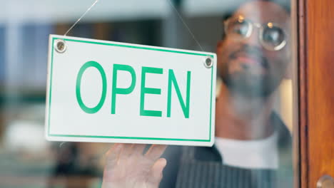 open sign, glass door and happy restaurant man