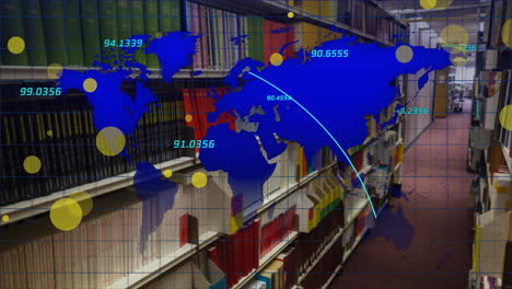 animation of spots and data processing with world map over books on shelves in library