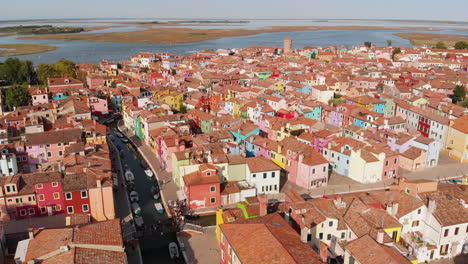 Aerial-view-of-the-colorful-houses-at-the-island-of-Burano,-Venice,-Italy