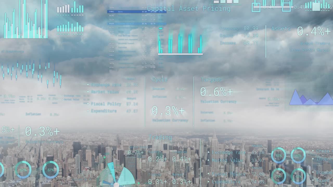 Animation of financial data processing over cityscape