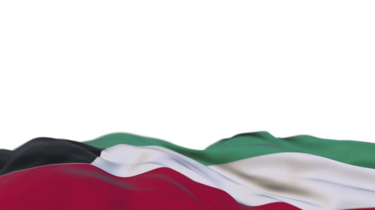bandera de la tela de kuwait ondeando en el bucle del viento. estandarte de tela cosida de bordado de kuwait balanceándose en la brisa. fondo blanco medio lleno. lugar para el texto. bucle de 20 segundos.