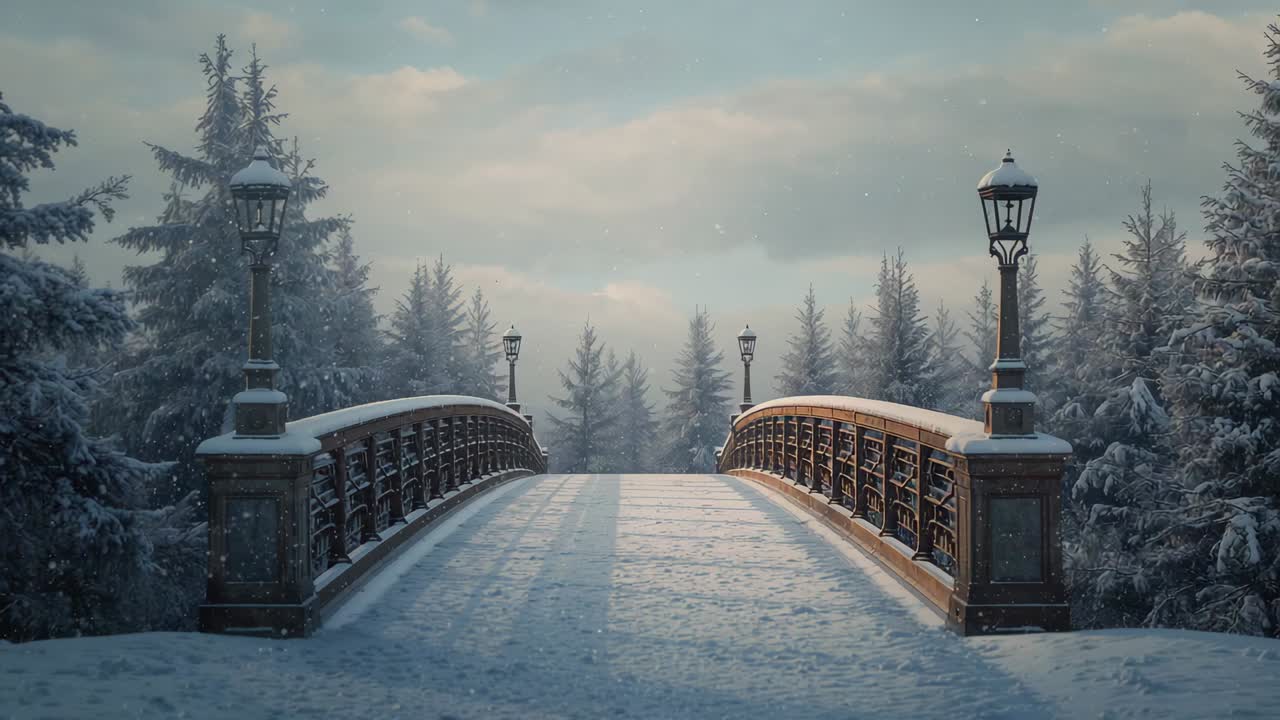 Pushing camera forward revealing snowy footbridge in fir forest to show ornate railings and lamps