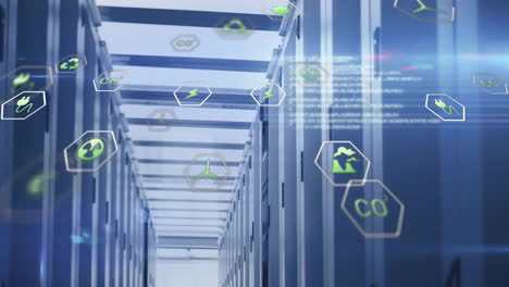 animation of data processing and ecology icons over server room