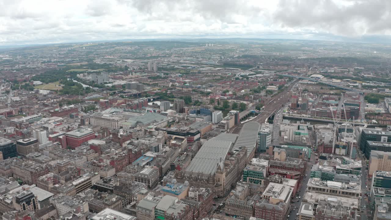 Dolly forward drone shot over Glasgow central train station