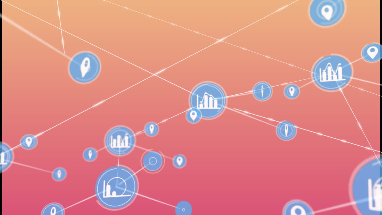 분홍색 그라디엔트 배경에 대한 디지털 아이콘 네트워크의 애니메이션