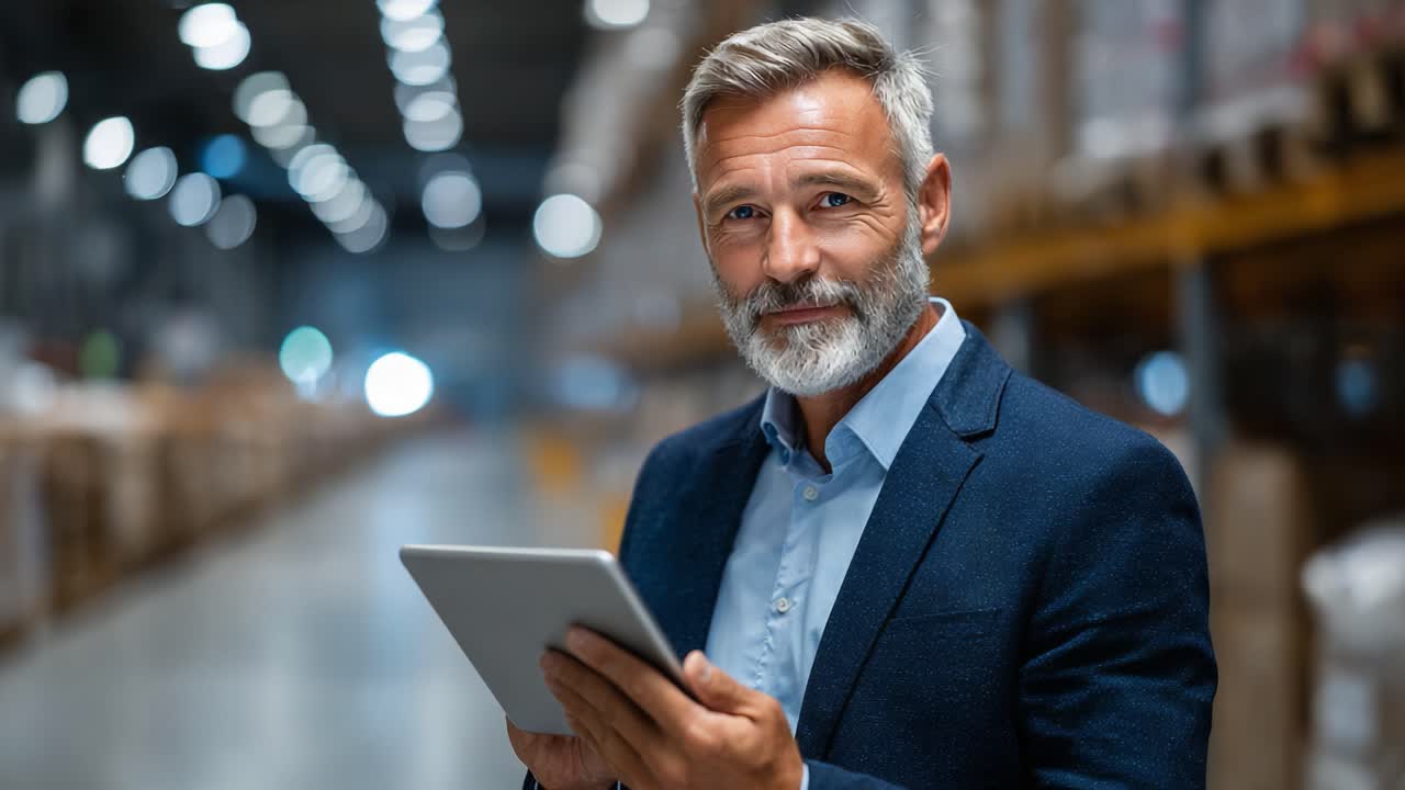 Sikker professionel i et lager: En moden mand med skæg, der holder en tablet, fanget i et godt oplyst industrielt miljø, der afspejler fokus og ekspertise