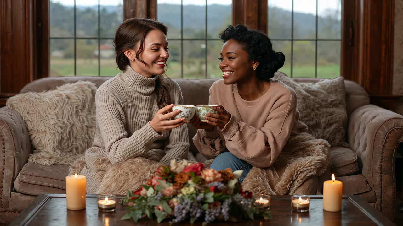 Donne sorridenti in maglione che si scambiano sorrisi su un divano, sollevando tazze da tè con motivi floreali e brindando per festeggiare