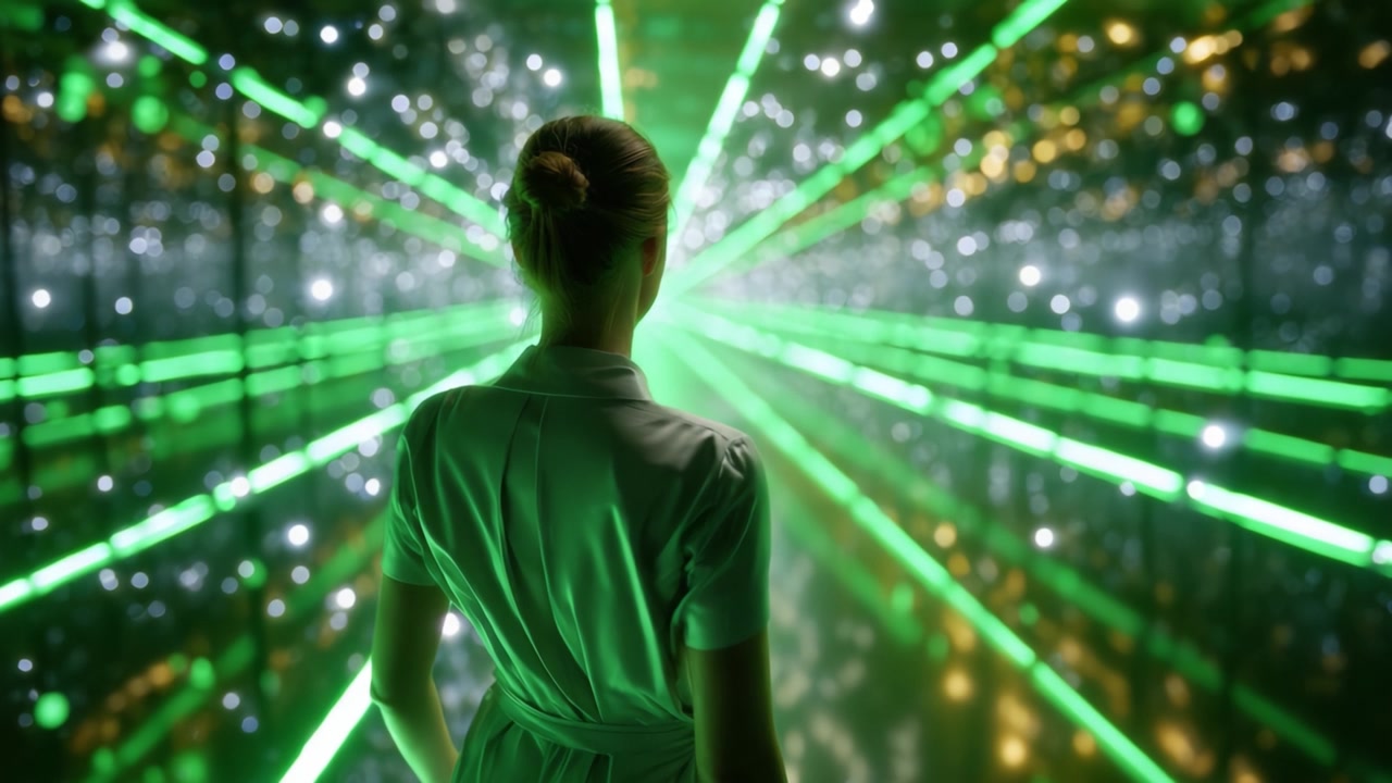 Uma mulher está maravilhada, envolvida por uma exibição deslumbrante de luzes cintilantes e lasers verdes vibrantes, criando uma experiência visual cativante de profundidade e admiração.