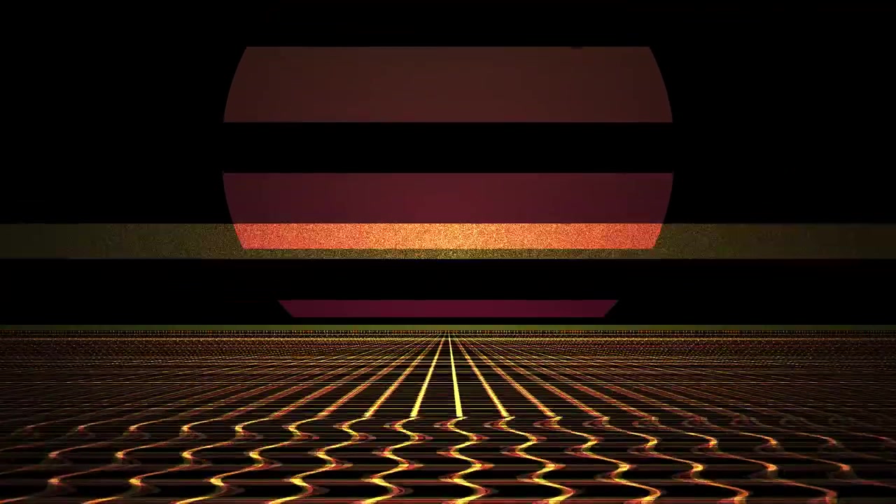 Retro digitalt gitter med glitchende sol og bevægende scanningslinjer