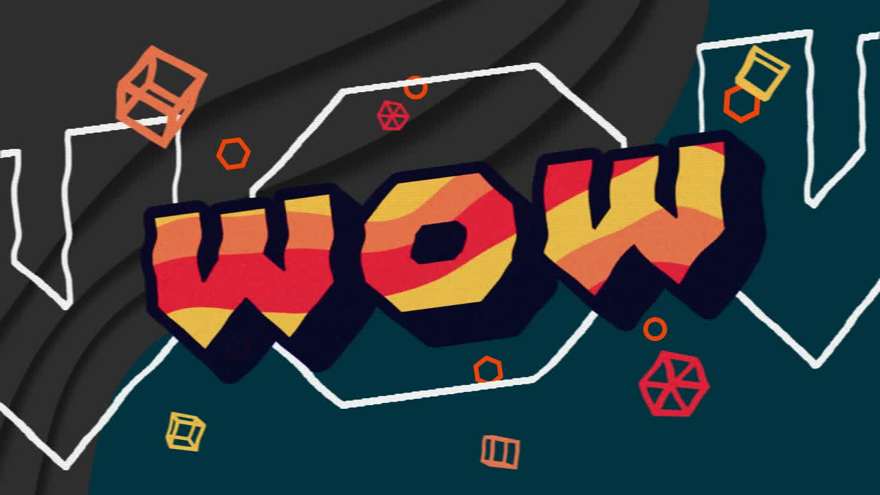 움직이는 배경에 대한 와우 텍스트와 추상적인 모양의 디지털 애니메이션