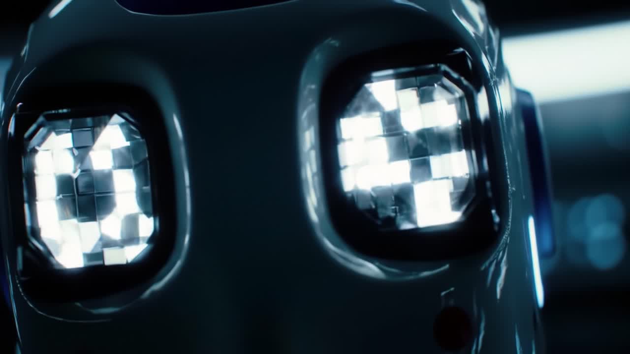 Close-Up Examination of a Futuristic Robot's Face with Illuminated Eyes Showcasing Advanced Technology and Engineering in a Modern Environment