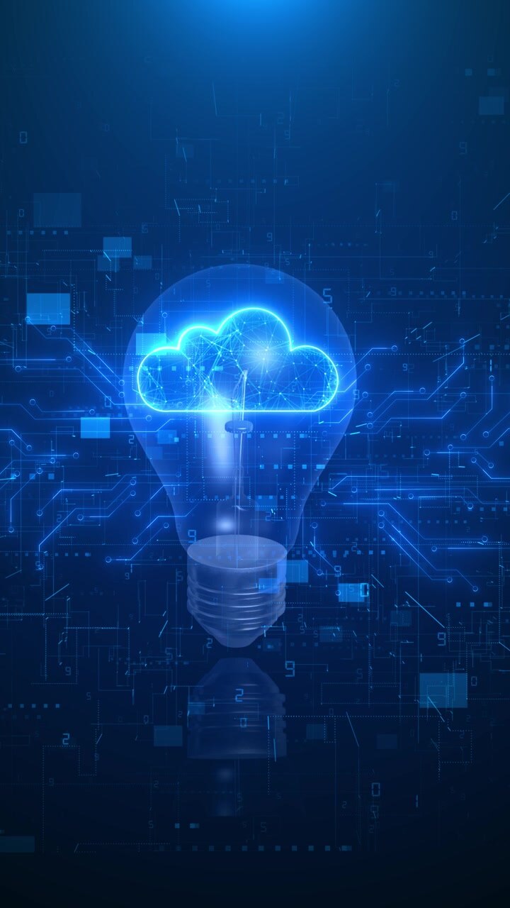 Blue innovation bulb scene cloud icon circuit board pattern neon glow modern data smart technology
