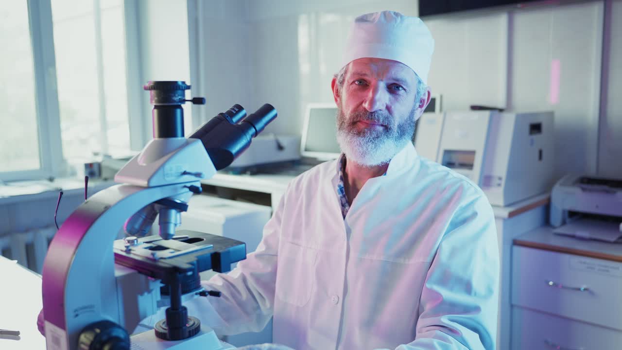 Senior Scientist Examining Samples with Microscope in Laboratory