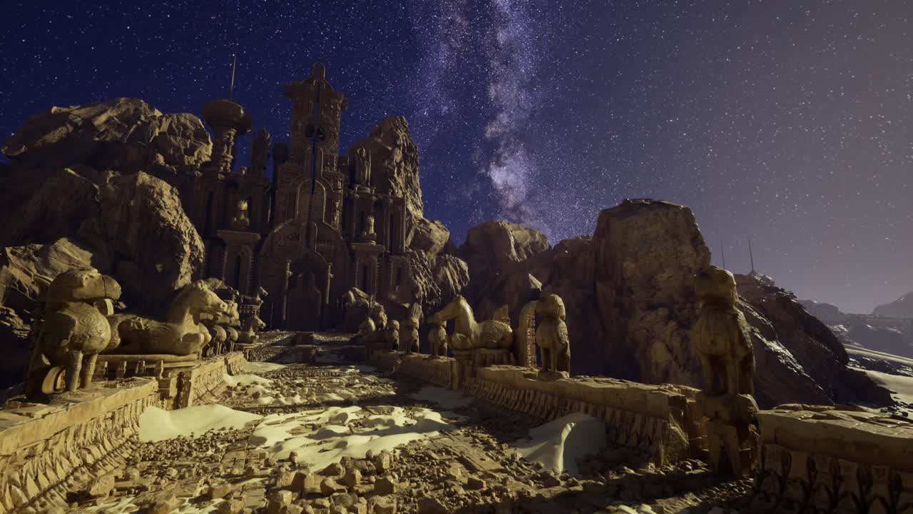 Nighttime view of ancient stone architecture under a starry sky
