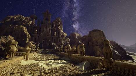 nighttime view of ancient stone architecture under a starry sky