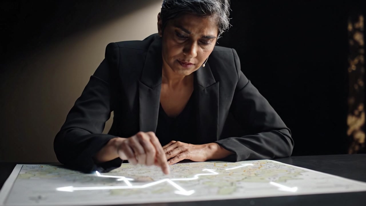 Professionista concentrato che analizza una mappa dettagliata sotto un'illuminazione suggestiva, illustrando pianificazione strategica e risoluzione di problemi in un ambiente sofisticato.