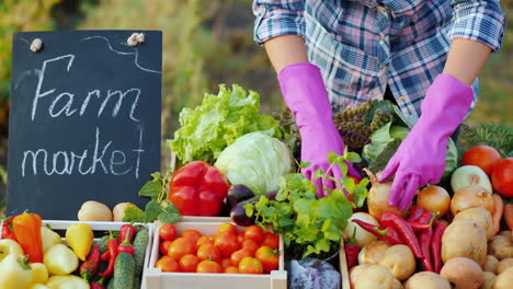 el vendedor en el mercado de agricultores coloca verduras en el mostrador