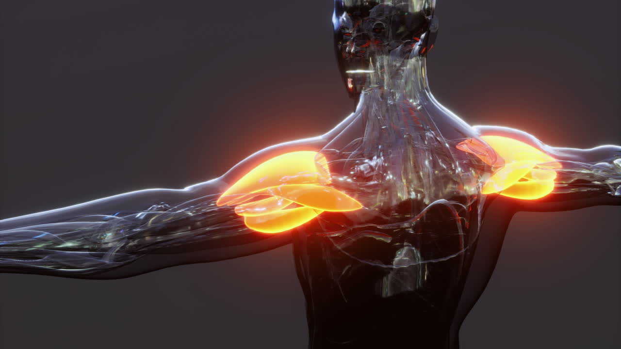 Rappresentazione dettagliata dei muscoli del corpo umano che mostra la zona delle spalle