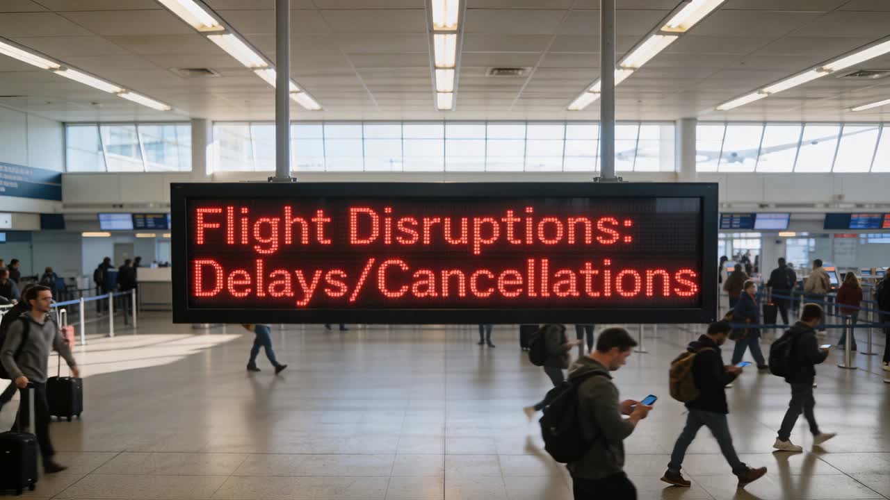 Showing Flight Disruptions sign at terminal, travelers checking phones for updates and pulling bags