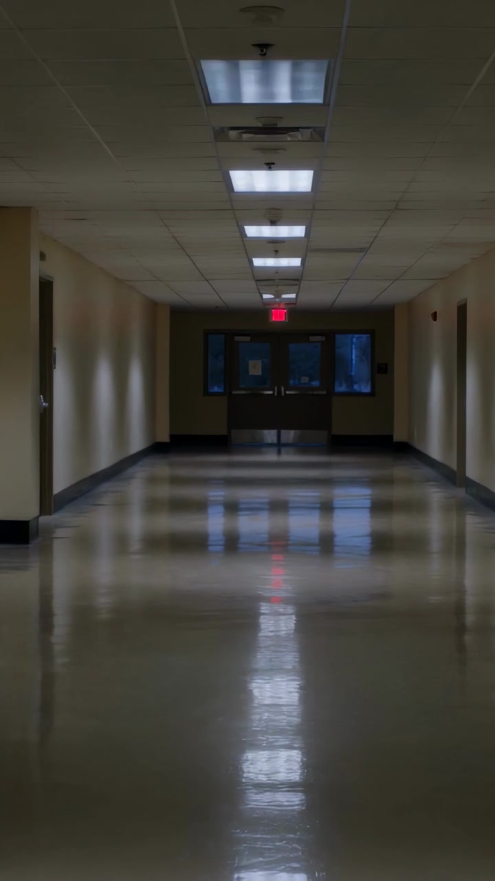 Video verticale: Luci del soffitto che si attenuano rendendo il corridoio dell'ufficio più scuro verso un'insegna di uscita rossa illuminata.