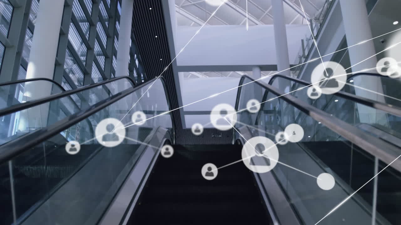 Network of connections animating over escalator in modern building environment