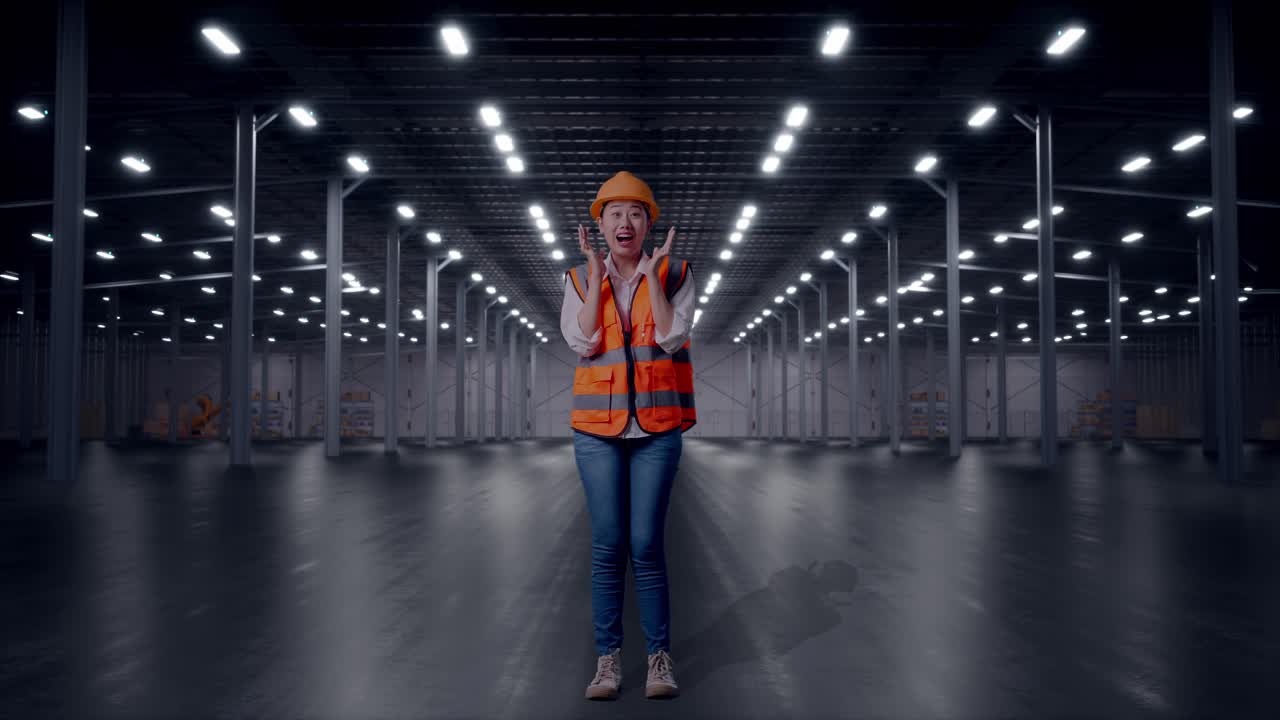 Engenheira Asiática de Corpo Inteiro com Capacete de Segurança, Sorrindo para a Câmera e Dizendo 'Uau' em um Armazém Moderno e Vazio.