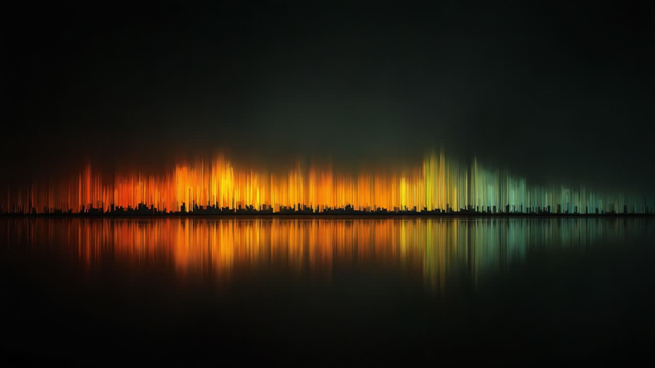 A Vibrant Spectrum of Sound Waves Reflected in Dark Water: An Artistic Visualization of an Audio Spectrum Displaying Dynamic Colors and Fluctuations