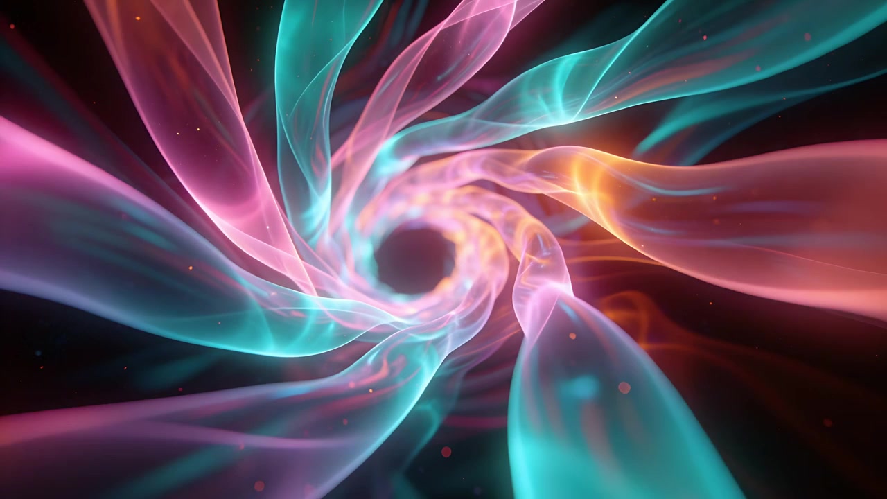Nastri a spirale rosa e verde acqua che si stringono verso un nucleo scuro, con i filamenti esterni che si protendono verso l'interno formando un tunnel.