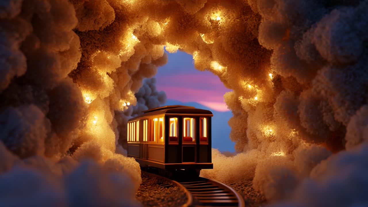 A Charming Train Journey Through a Magical Cloud Tunnel: Explore the Enchanting Scene as a Cozy Train Navigates Through Soft, Glowing Clouds Illuminated by Twinkling Lights at Dusk