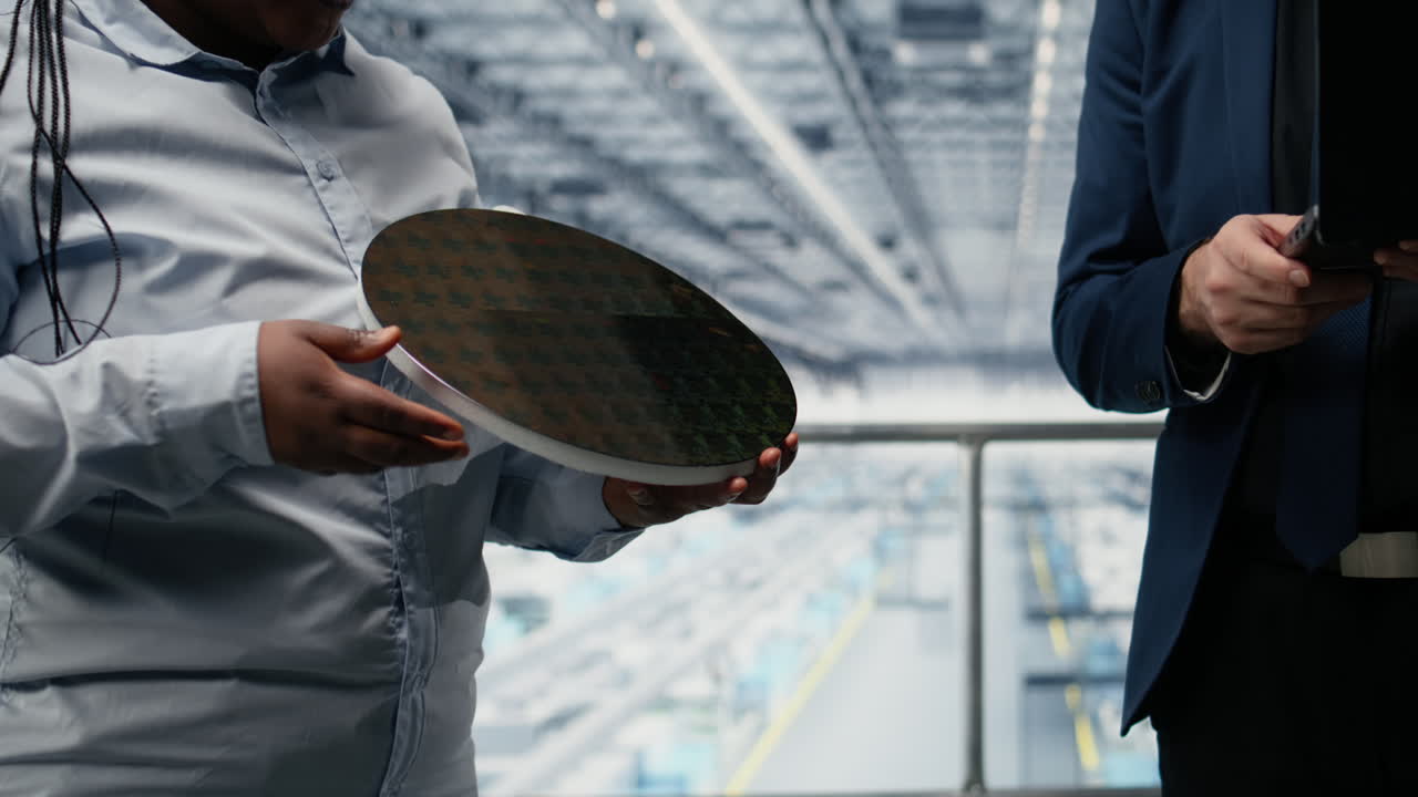Discussione, wafer di silicio e donna con collega in un impianto di produzione.
