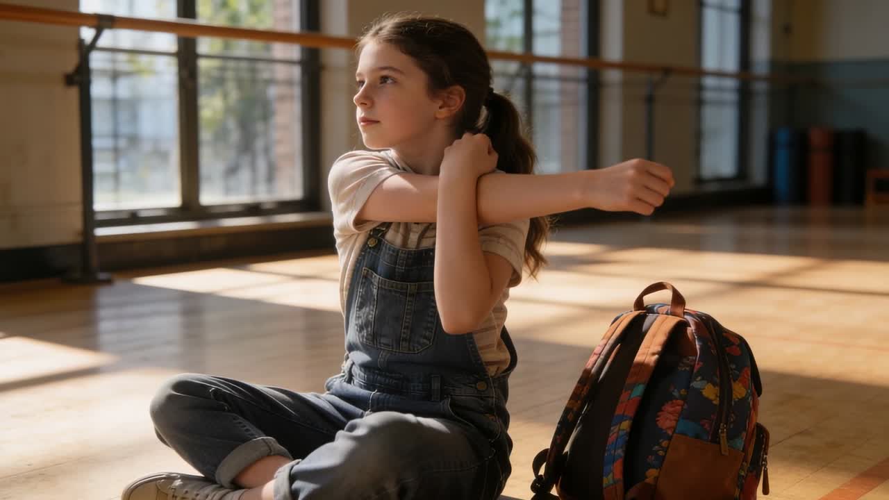 Wartendes Schulmädchen in Latzhose und Turnschuhen dehnt im Studio die Schulter, bunter Rucksack daneben.