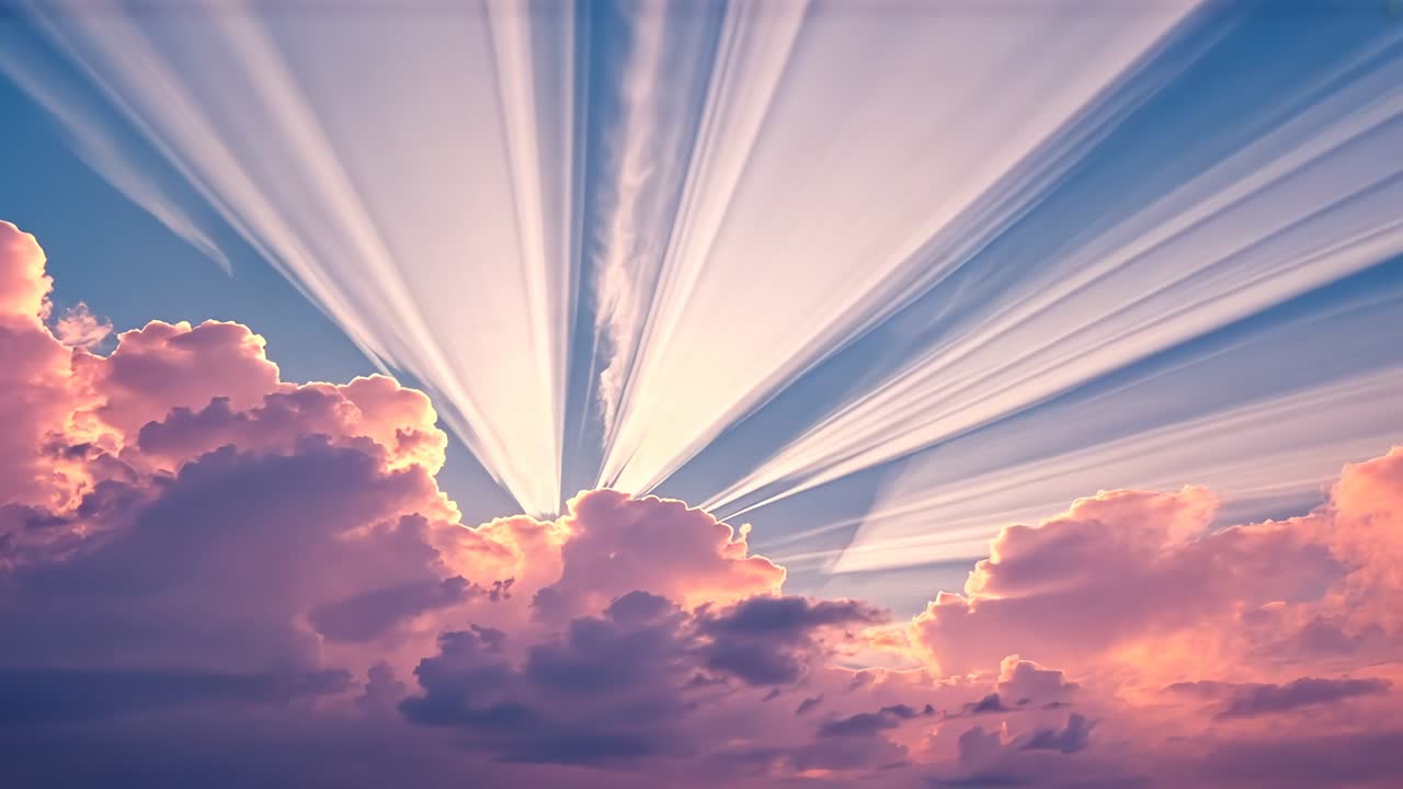 Rising sun casting long crepuscular rays over cloud bank at sunrise, creating pink-gold highlights