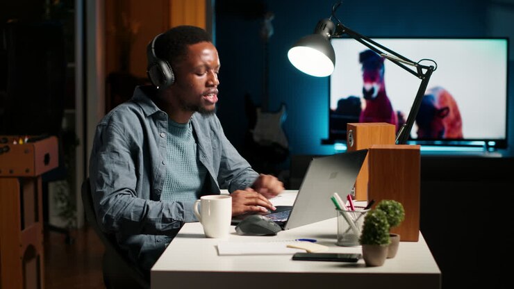 Young focused freelancer attending an online meeting from his home office