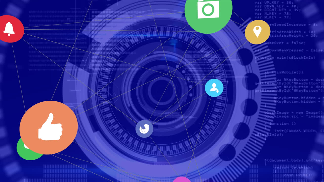 파란색 배경에 회전하는 둥근 스캐너 위의 디지털 아이콘 네트워크의 애니메이션