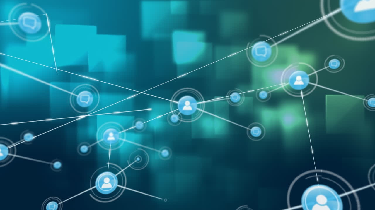 Animation of network of digital icons over square shapes floating against green background